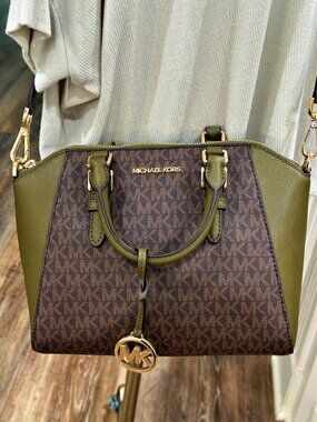 Michael Kors Ciara MD Messenger Satchel Olive Brown MK Signature Crossbody Bag